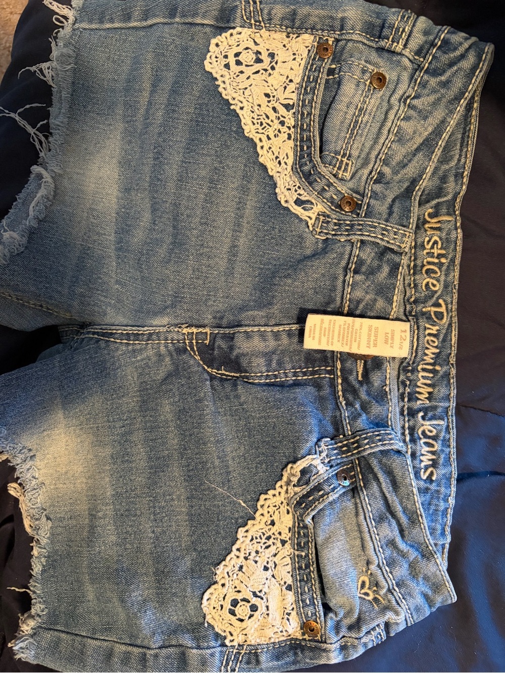 Justice Light Blue Denim Shorts with Cream Lace Trim